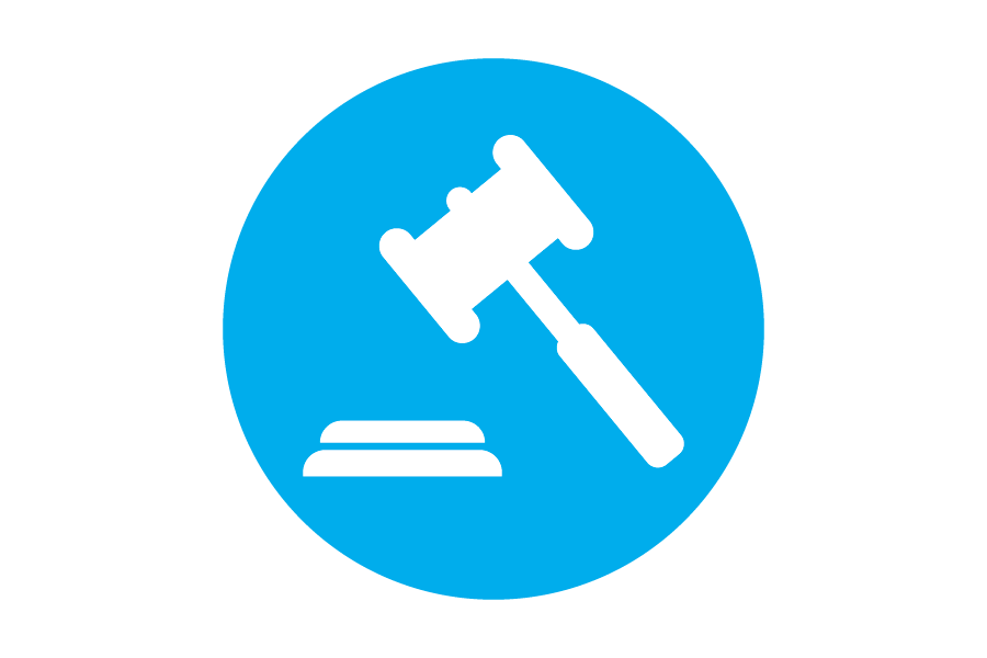 Icon of a white gavel on a blue background.