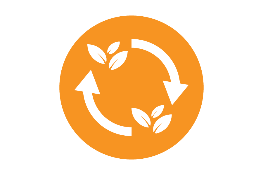 Icon of white leaves in a circle on an orange background.