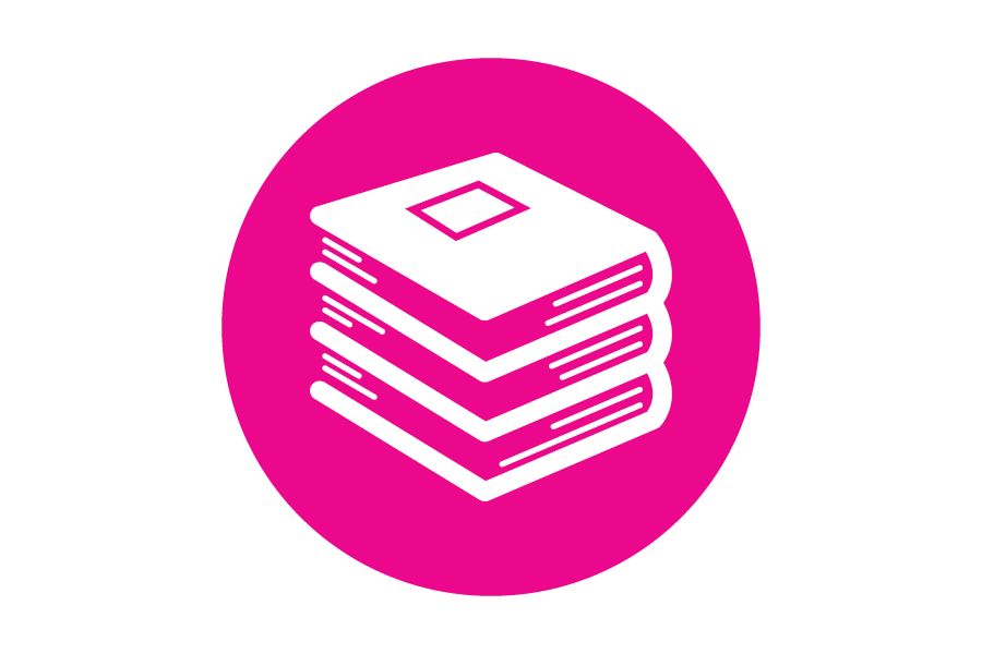 Pink icon with books in it.