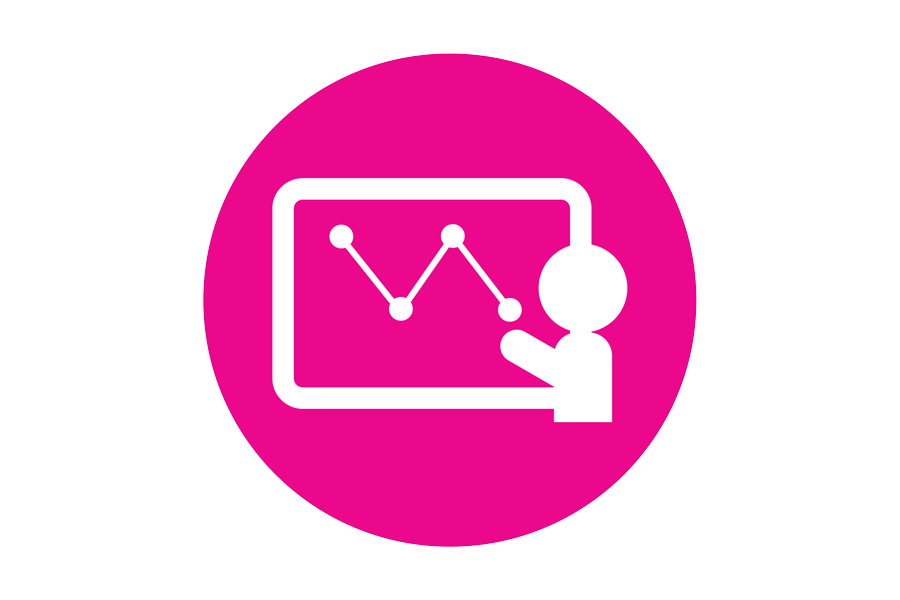 Icon of a person viewing a graph on a whiteboard, on a pink background