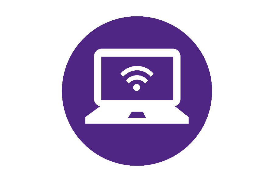 Icon of a laptop computer with a wifi symbol on the screen on a purple background